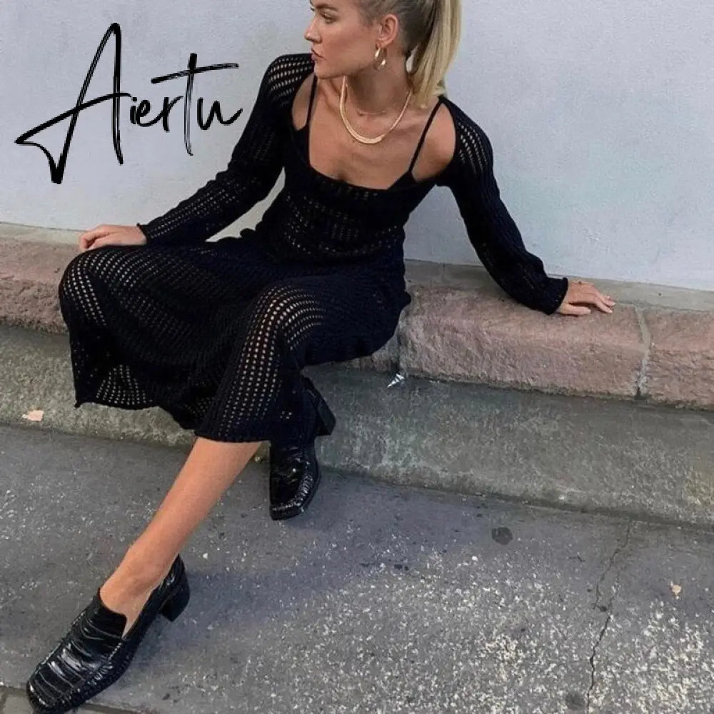 Y2K Vintage Black Knitted Long Dress Chic Women Summer Beach Holiday Hollow Out Cover-Ups Retro Crochet Maxi Smock Dresses Aiertu
