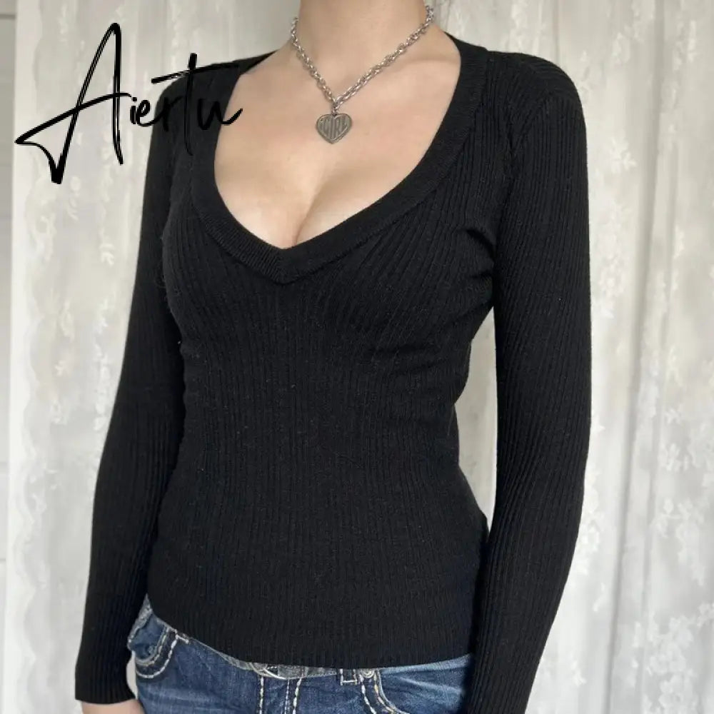 Y2K Vintage V-Neck Knitted T-shirt Autumn Long Sleeve Slim Fit Black Sweater Tees 2000s Retro Grunge Cottage Pullovers Tops Aiertu