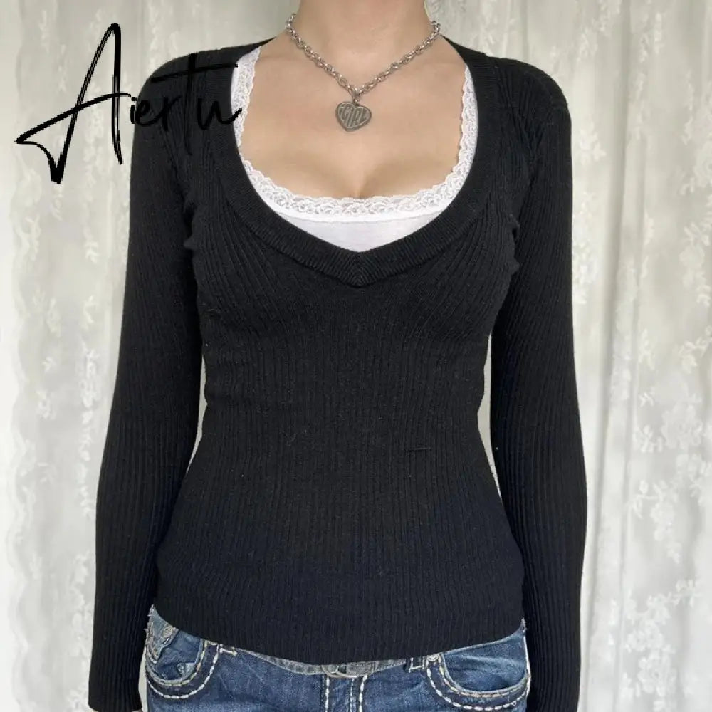 Y2K Vintage V-Neck Knitted T-shirt Autumn Long Sleeve Slim Fit Black Sweater Tees 2000s Retro Grunge Cottage Pullovers Tops Aiertu