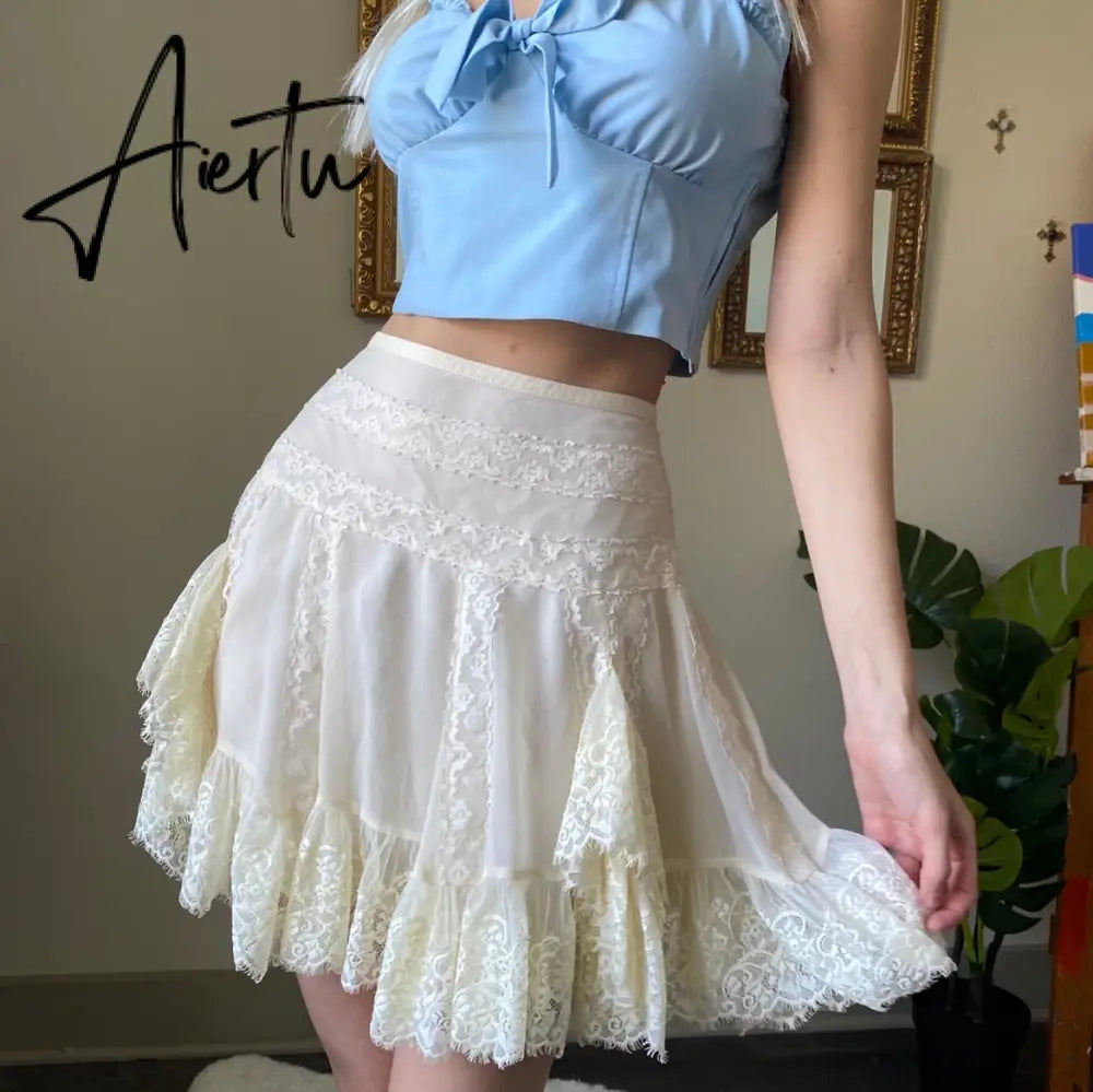 Y2k White Lace Ruffles Pleated Skirts Preppy Style Sweet Girl Kawaii Mini Skirts Korean Retro Women Party Cosplay Sweetwear Aiertu