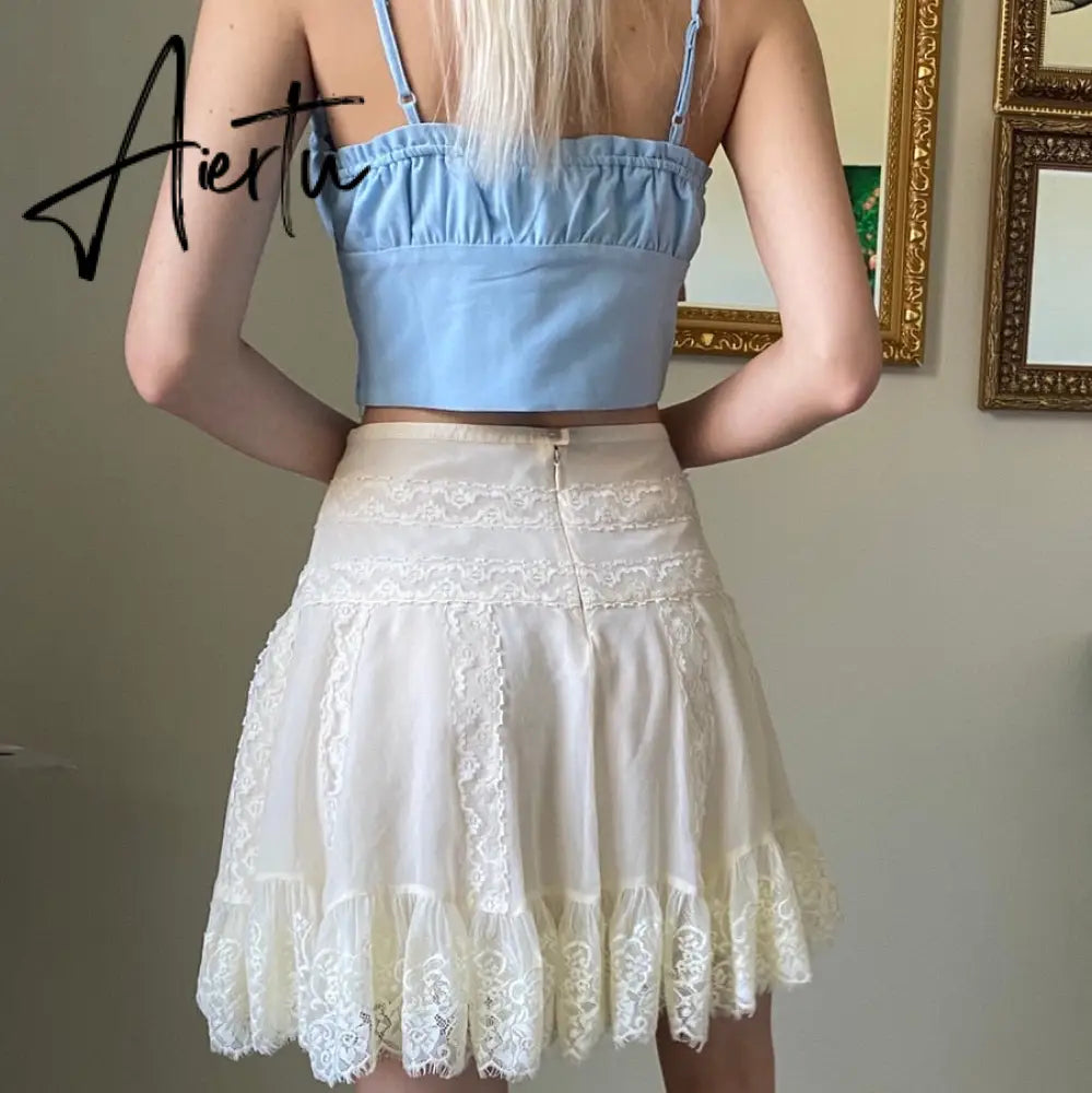 Y2k White Lace Ruffles Pleated Skirts Preppy Style Sweet Girl Kawaii Mini Skirts Korean Retro Women Party Cosplay Sweetwear Aiertu