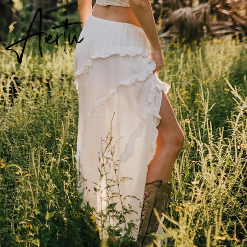 Y2K White Trim Midi Skirts Women Split Low Waisted Tie Up Long Skirts Women Fairycore Summer French Skirts Holiday Beach Aiertu