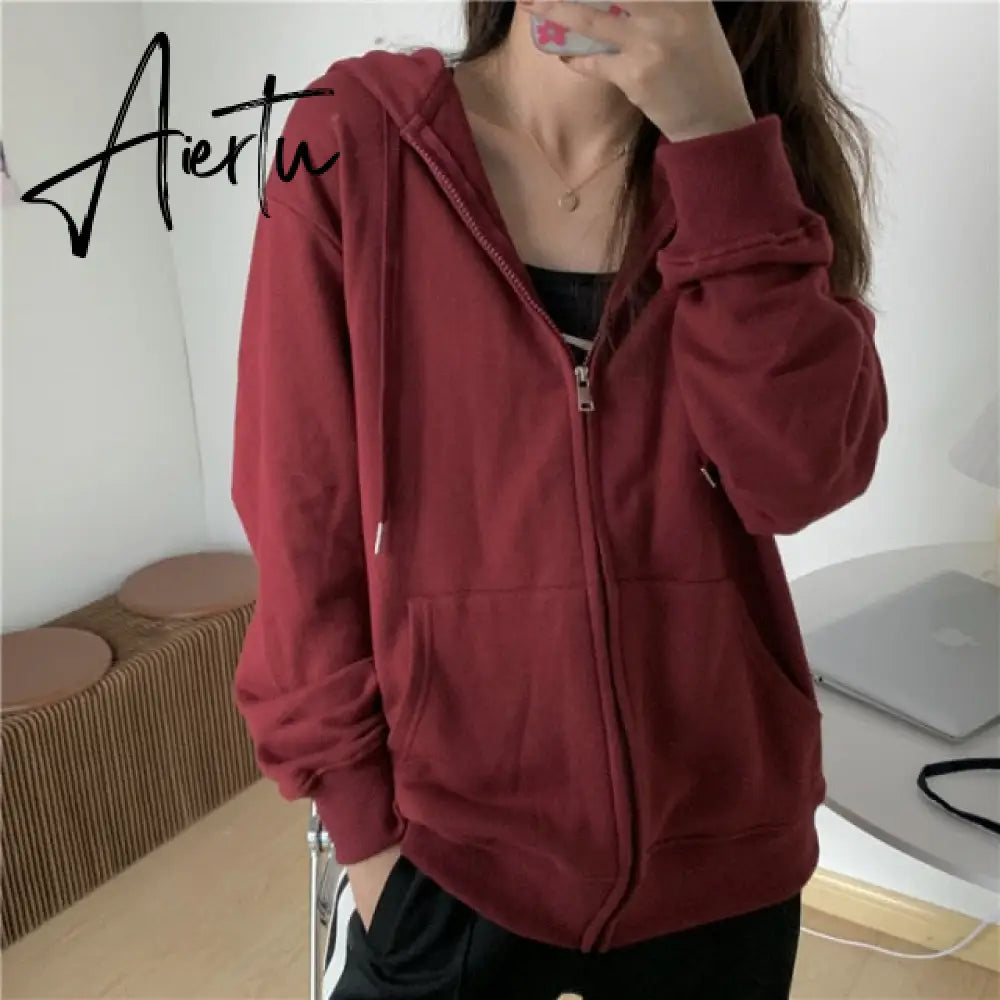 Zip Up Sweatshirt Spring Autumn Jacket Clothes oversize Hoodies Women plus size Vintage Pockets Long Sleeve Casual Large Coats Aiertu