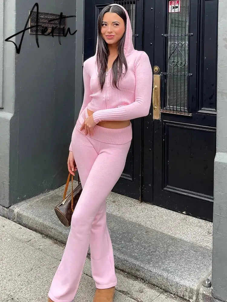 Zipper Lace-up Hoodies+Pant Sets 2023 Women Slim-fit Solid Cardigan Street Temperament Casual Femme Sweatshirt Suits Aiertu