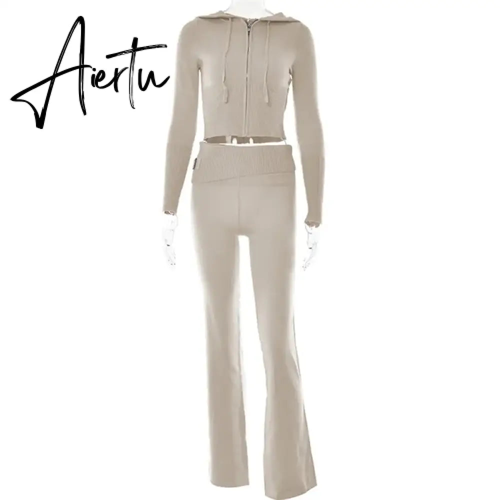 Zipper Lace-up Hoodies+Pant Sets 2023 Women Slim-fit Solid Cardigan Street Temperament Casual Femme Sweatshirt Suits Aiertu