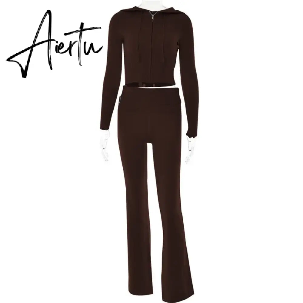 Zipper Lace-up Hoodies+Pant Sets 2023 Women Slim-fit Solid Cardigan Street Temperament Casual Femme Sweatshirt Suits Aiertu