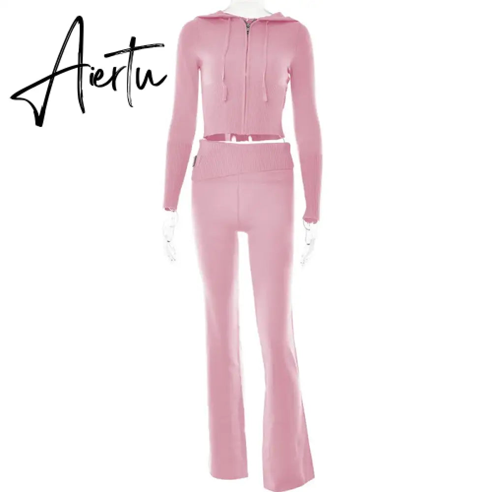 Zipper Lace-up Hoodies+Pant Sets 2023 Women Slim-fit Solid Cardigan Street Temperament Casual Femme Sweatshirt Suits Aiertu