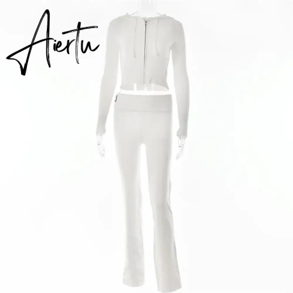 Zipper Lace-up Hoodies+Pant Sets 2023 Women Slim-fit Solid Cardigan Street Temperament Casual Femme Sweatshirt Suits Aiertu